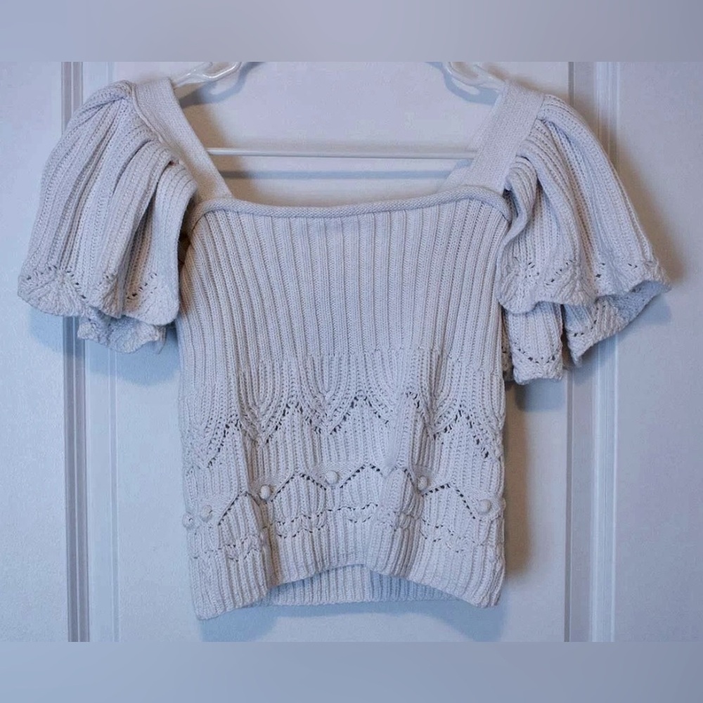 Zara Eyelet Flounce Short Sleeve Crop Stitch Cream Knit Sweater